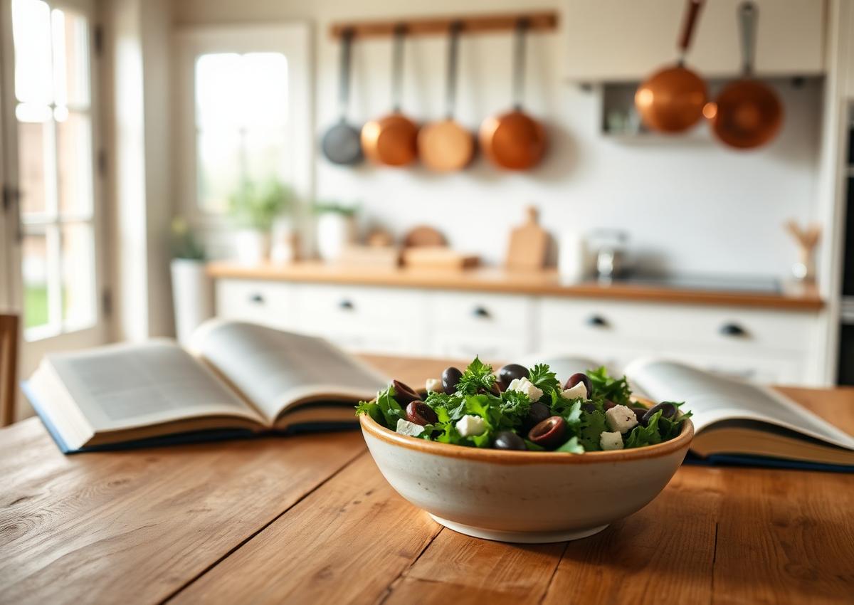 A quiet kitchen with cookbook and salad bowl