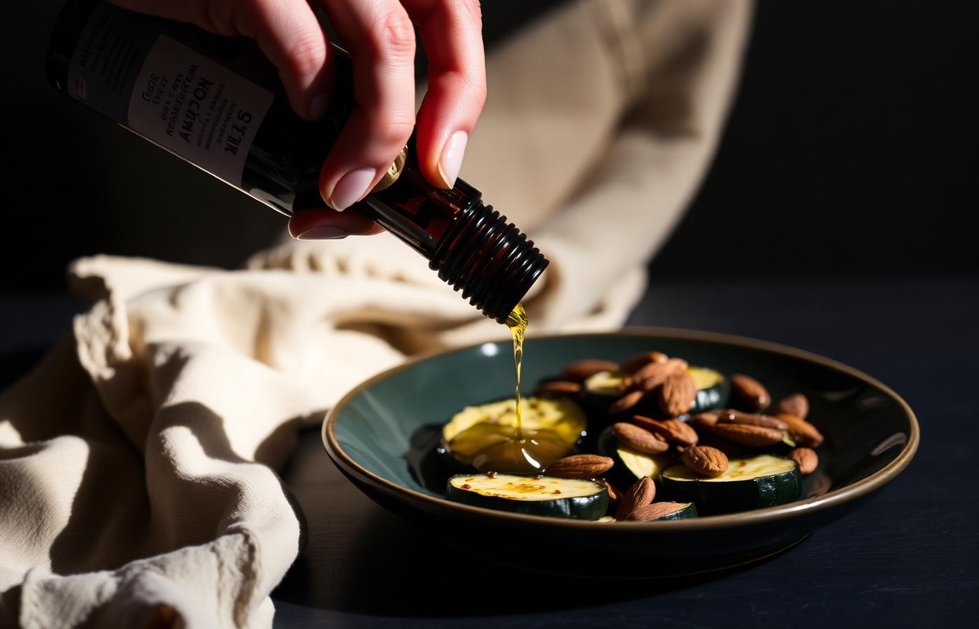 A hand pouring olive oil over grilled vegetables and almonds