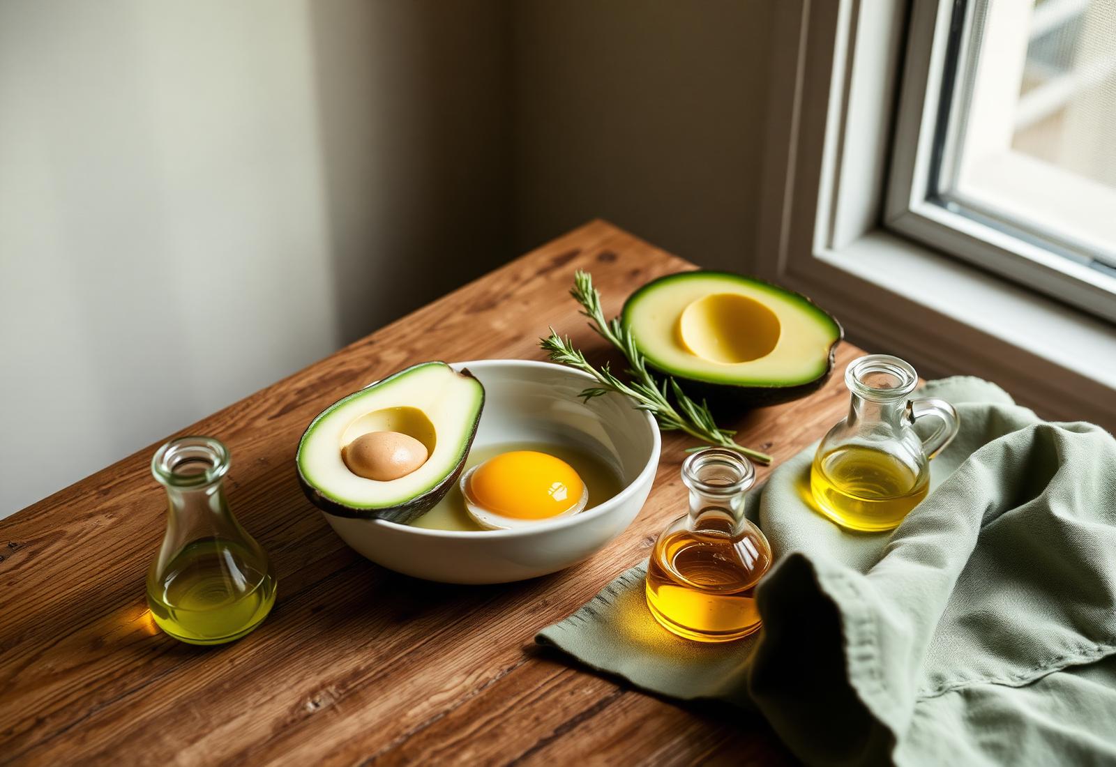 Editorial still life of avocado, eggs and olive oil on a wooden table